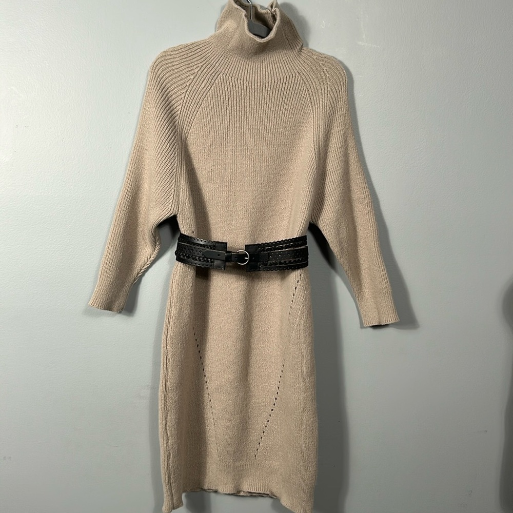 Tan Color Mock Neck Drop Shoulder Sweater Knit Dress sz M- L